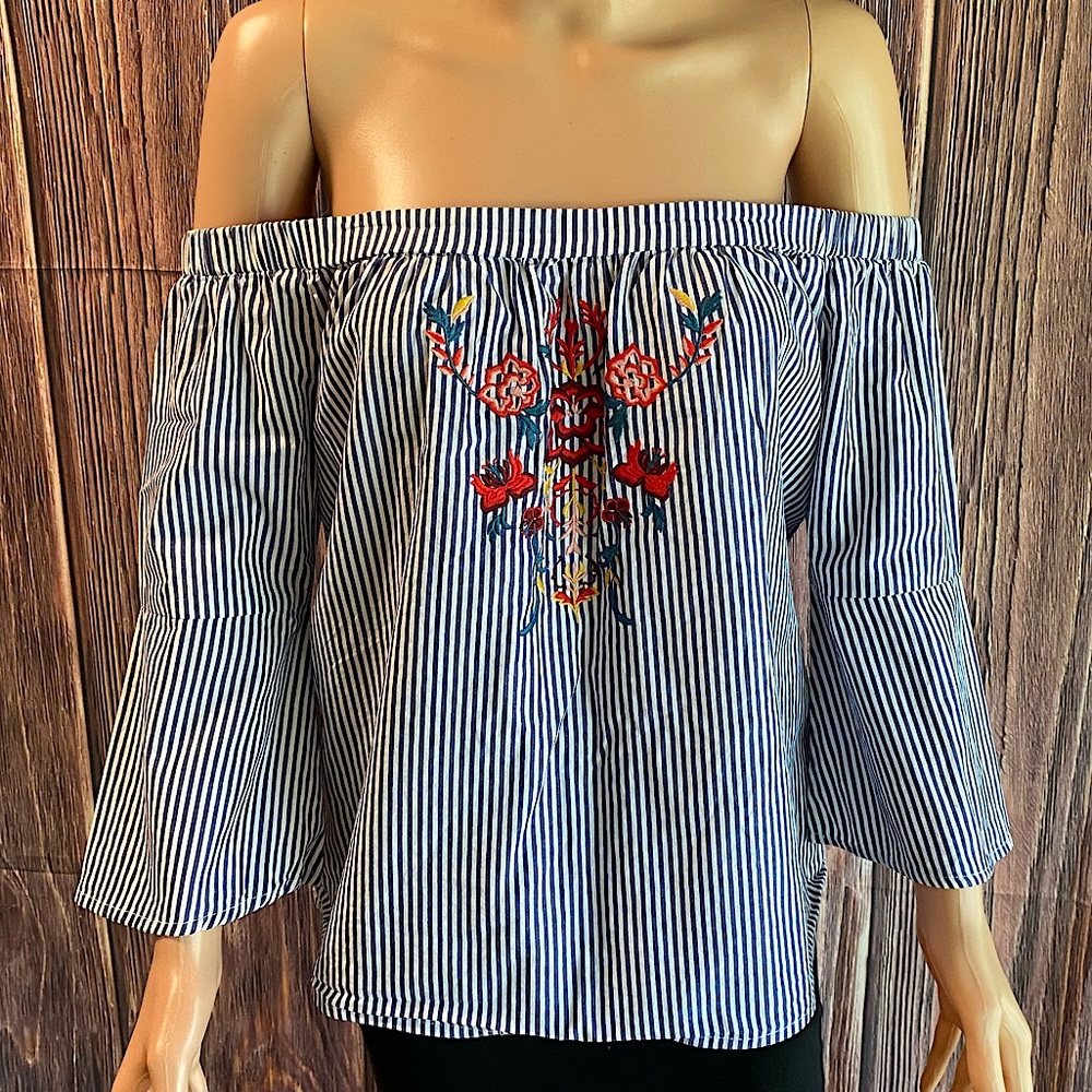 Blue Rain sz medium blue & white vertical stripes strapless floral embroidered